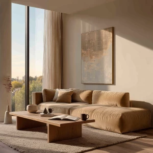 Create a luxurious editorial living room with a warm beige palet...