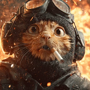 A wide-eyed ginger cat wearing a black tactical balaclava (or ma...