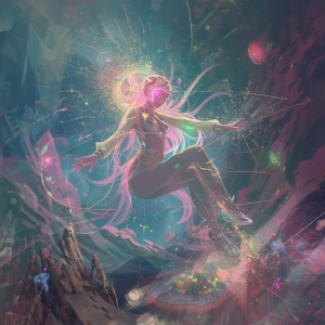 A ethereally glowing time-traveler, clad in pastel hues and neon...