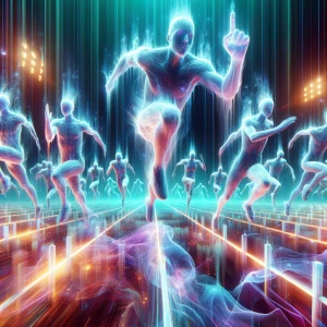 In a neon-lit arena, phantasmal players dash and leap in a chaot...