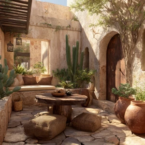Create a detailed image of a desert-inspired courtyard with ston...