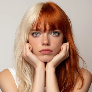 Female supermodel with half blonde half red hair. She has a conf...