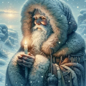 Winter Solstice Sage standing in a snowy landscape, full-body ch...