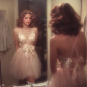 Generate a retro realistic phot depicting a popular brunette on...