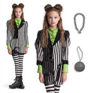 Generate a detailed image of a girl in a Halloween-inspired outf...