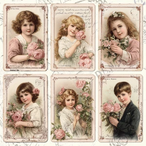 Victorian Mauve Rose Portraits – 6 Cards (Children with Bouquets...