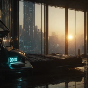 A luxurious futuristic apartment bedroom at dawn. Soft golden li...