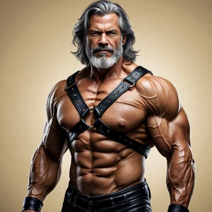 The image depicts a muscular, shirtless older man with a rugged,...