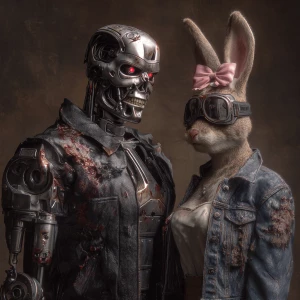 Buggs and Lola bunny styled as a T-800 Terminator, battle damage...