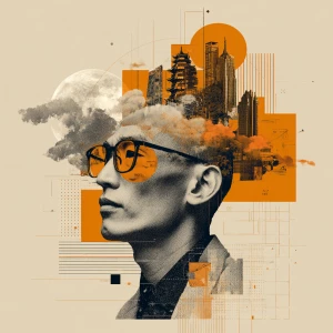 A surreal digital collage portrait of an East Asian man with gla...