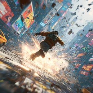 A lone warrior unleashing a gravity pulse in a neon-lit cityscap...