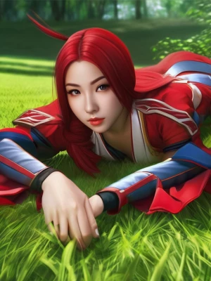 create a picture of a girl on the grass on the floor wearing a r...