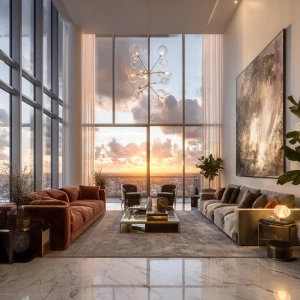 ultra-realistic photo of a luxurious penthouse apartment, floor-...