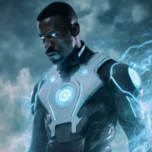 Wide low angle  shot of A muscular black man with short, dark ha...