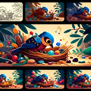 creat like 50 frames of a bowerbird collecting objects to decora...