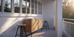 A narrow and tall wooden console table placed outside a large wi...