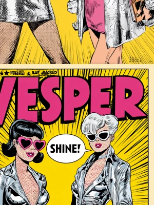 1960s retro comic book cover, a bold yellow burst background, tw...