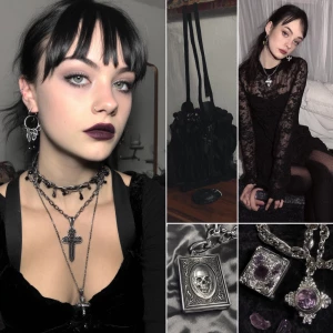 Create an image of a goth girl with dark makeup, a black wardrob...