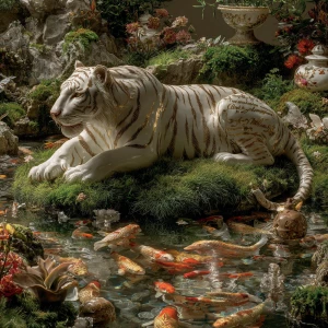 A colossal porcelain sabertooth tiger resting beneath a crystal-...