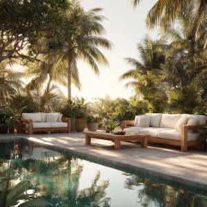 Create a realistic image of a luxurious outdoor resort patio fea...