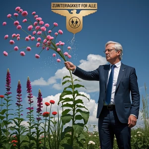 Ein Politiker gießt Blumen auf einer Wiese, aber nur die, die „i...