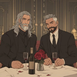 Make two bodybuilder men both gray hair one with long wavy hair...