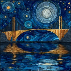 A celestial stained glass artwork depicting an illuminated bridg...