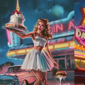 1950s retro pin-up illustration, glamorous roller-skate waitress...
