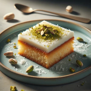 Ultra realistic food photography of a Turkish-style semolina cak...