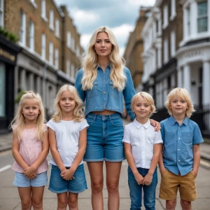 A young blonde woman with her six blonde children in London stan...