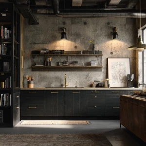 Create a realistic industrial kitchen setting featuring charcoal...