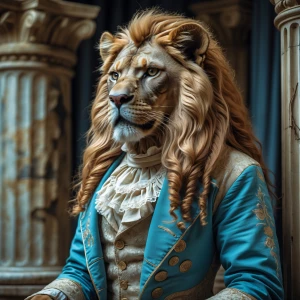 A majestic neo-victorian weird sphinx, part human and part lion,...