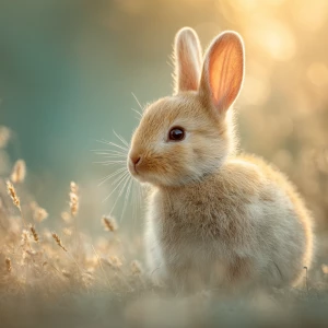 Create a serene scene with a baby rabbit peacefully sitting in t...
