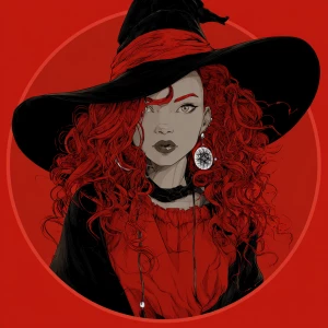 Create an image of a trendy and fashionable red witch with a uni...