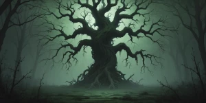 In the eerie depths of a chilling augmented forest, a towering t...