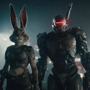 "A wide cinematic shot from a live-action 1990s sci-fi movie. Tw...