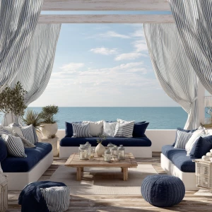Create an image of a luxurious coastal terrace featuring white a...