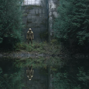 A humanoid looking hair covered sasquatch standing by a dam next...