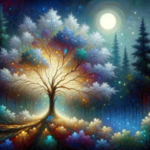 In the depths of a nocturnal luminescent dreamscape, shimmering...