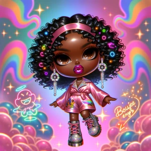 A glossy, high-resolution chibi African American diva with a rad...