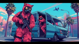 humanoid cat wearing a red hazmat suit, gas mask, and carrying a...