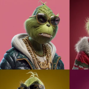 Create an image of a hip hop hyper animated version on the Grinc...