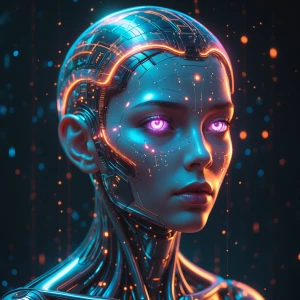 A time-warped astral AI consciousness looms in a stark, futurist...