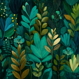 Create a dark green background made of plants and leaves with va...