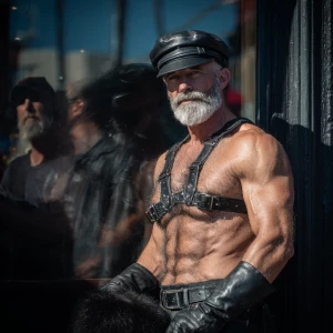 This is an outdoor photograph featuring a muscular, adult male w...