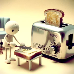 A stickman making a slice of toast and eating it.