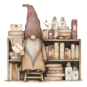 Vintage watercolor illustration, cozy valentine gnome librarian...