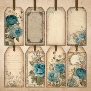 Print-ready shabby-chic ephemera sheet with 5 coordinated pieces...