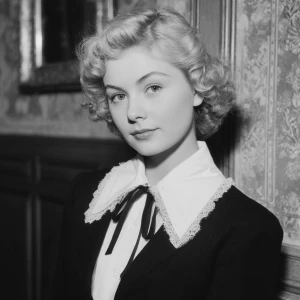 Blonde haired woman in thr 1950s in proper attire