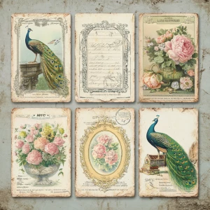Print-ready vintage ephemera sheet with 6 coordinated shabby-chi...